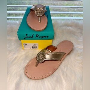Jack Rogers Rio Sandals 8M Platinum Gold Leather Thong Flat NIB Classic Navajo